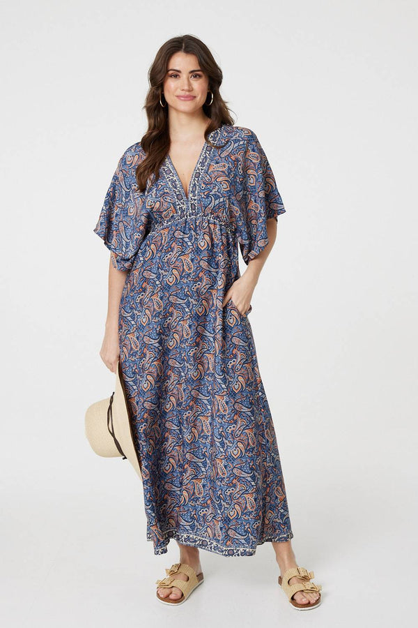 Navy | Paisley Print Kimono Sleeve Midi Dress