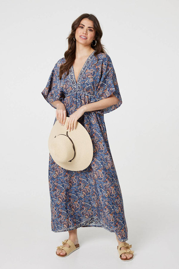 Navy | Paisley Print Kimono Sleeve Midi Dress