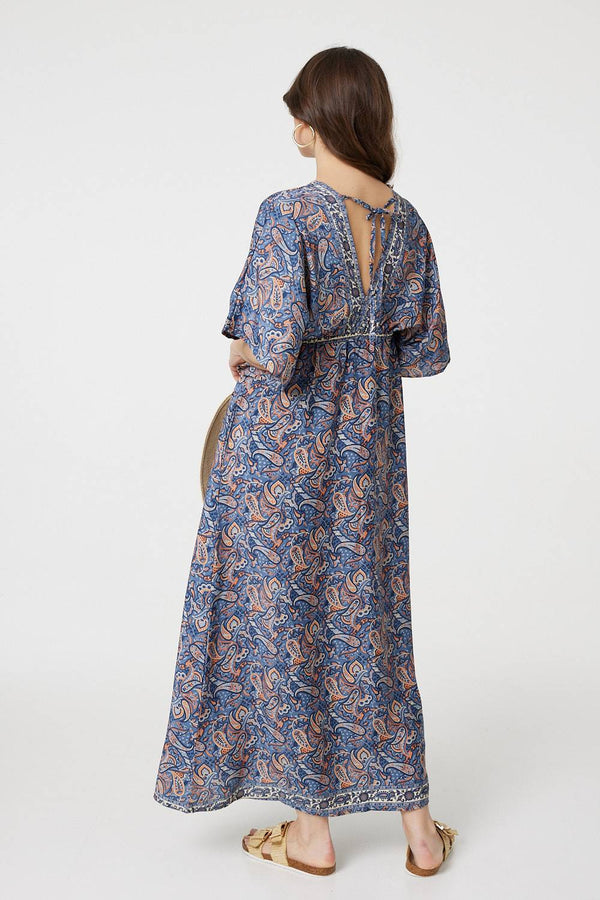 Navy | Paisley Print Kimono Sleeve Midi Dress