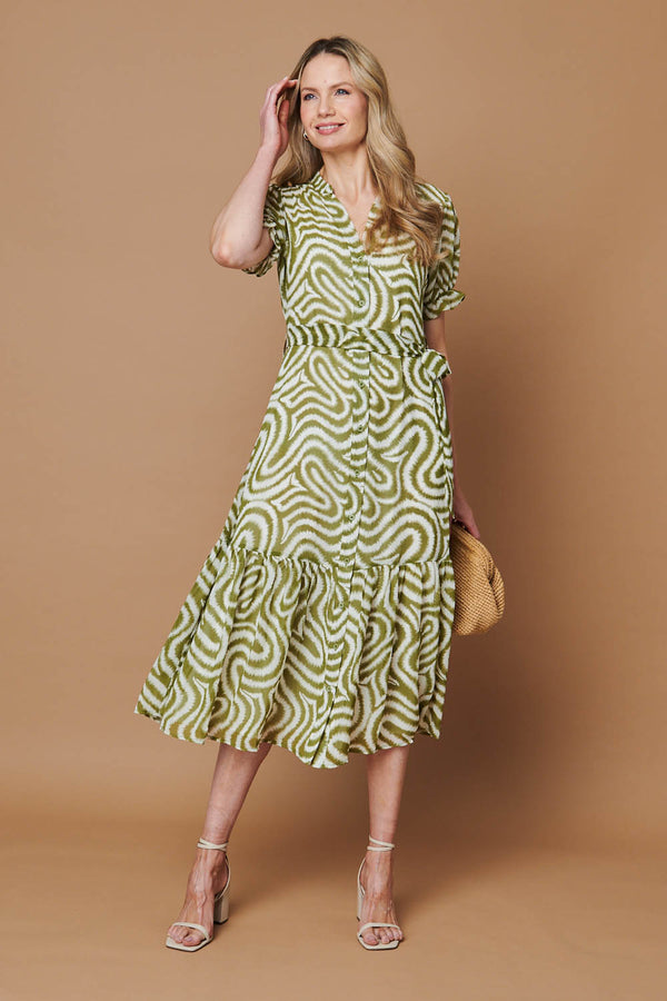 Green | Printed Short Sleeve Midi Shirt Dress