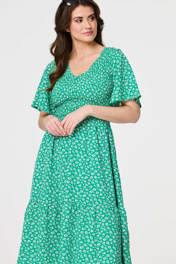 Green | Ditsy Floral Midi Smock Dress