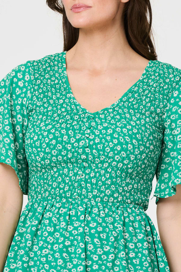 Green | Ditsy Floral Midi Smock Dress