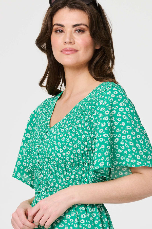 Green | Ditsy Floral Midi Smock Dress