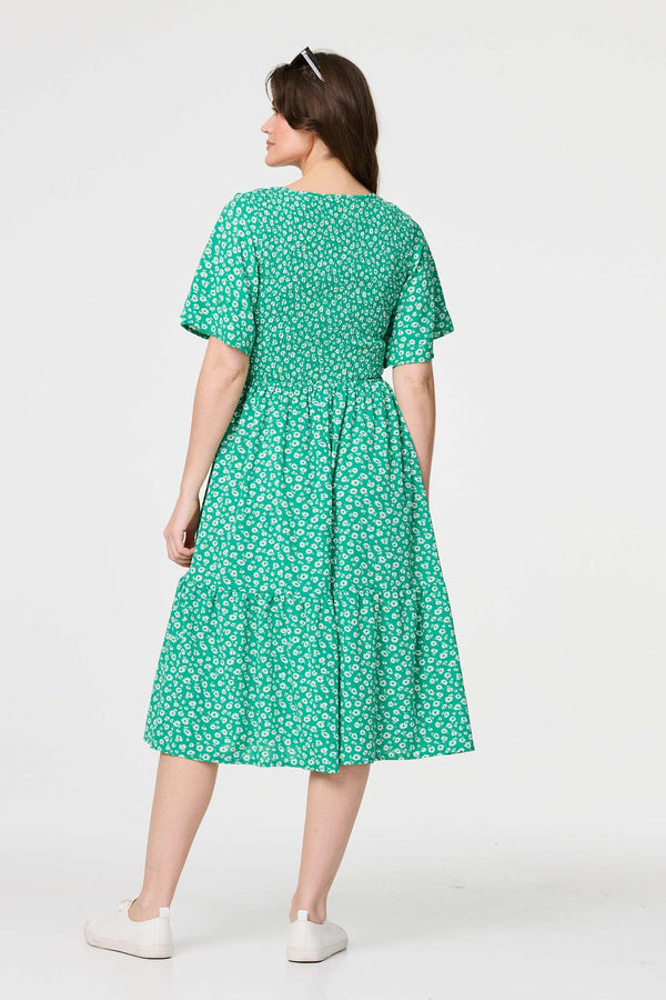 Green | Ditsy Floral Midi Smock Dress