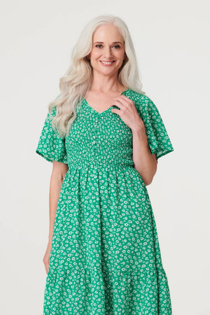 Green | Ditsy Floral Midi Smock Dress
