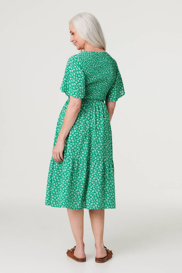 Green | Ditsy Floral Midi Smock Dress