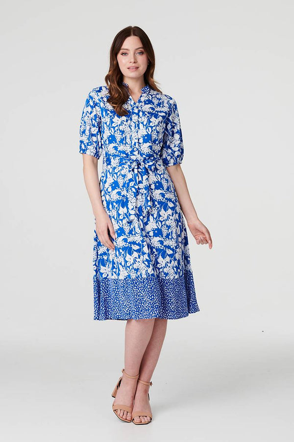 Blue | Floral 1/2 Sleeve Midi Shirt Dress
