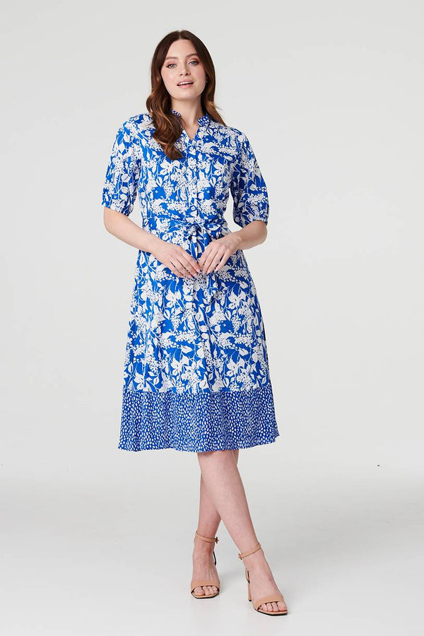 Blue | Floral 1/2 Sleeve Midi Shirt Dress