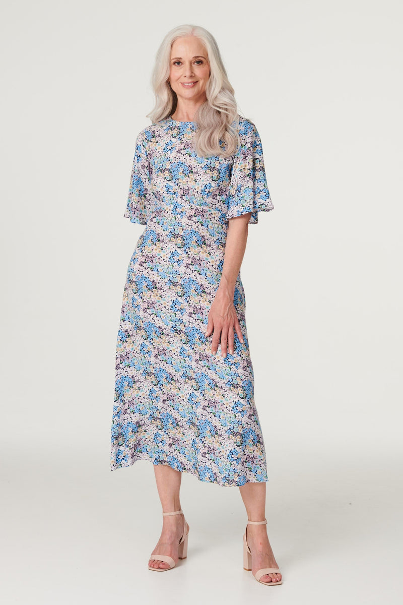 Blue | Floral 1/2 Sleeve Midi Dress