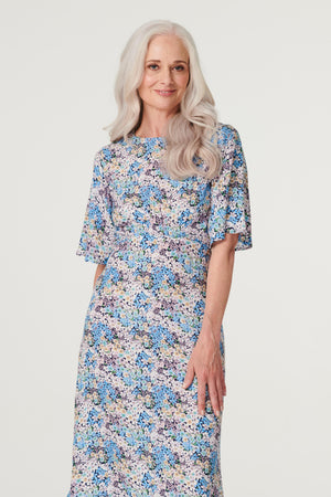 Blue | Floral 1/2 Sleeve Midi Dress