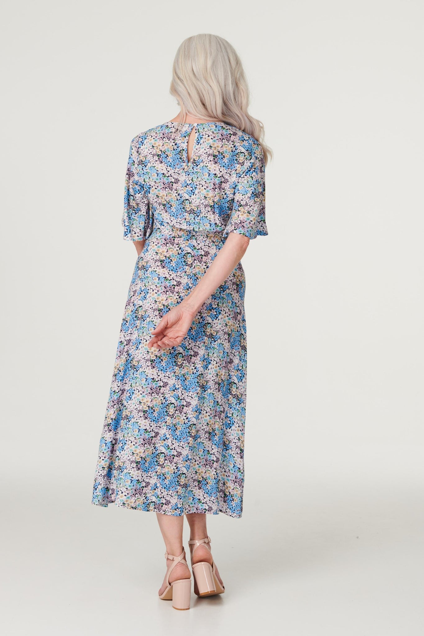Blue | Floral 1/2 Sleeve Midi Dress