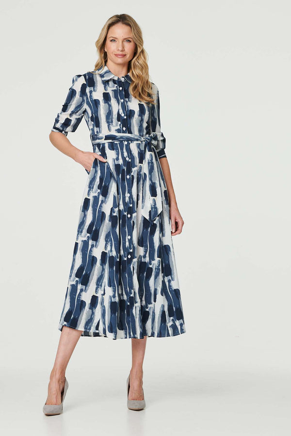 Blue | Printed Tailored Midi Shirt Dress : Model is 5'10"/178 cm and wears UK10/EU38/US6/AUS10