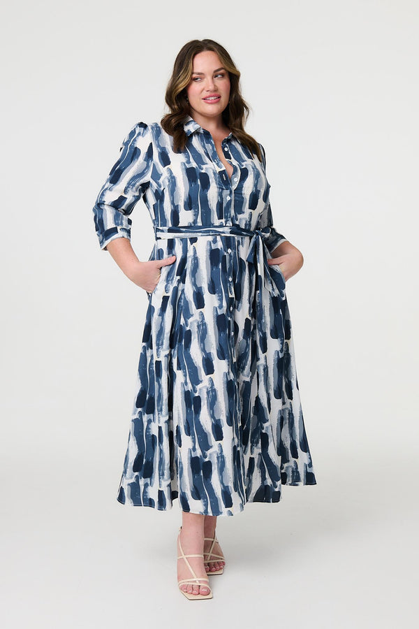 Blue | Printed Tailored Midi Shirt Dress : Model is 5'8"/172 cm and wears UK18/EU46/US14/AUS18