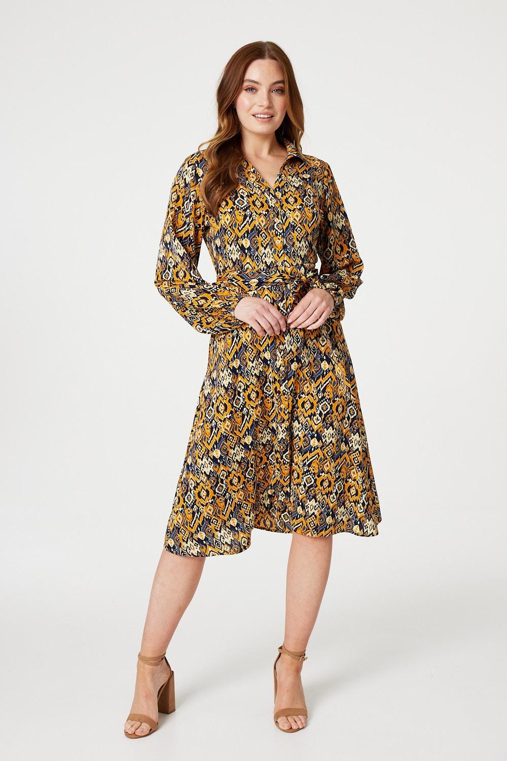 Mustard | Ikat Print Midi Shirt Dress