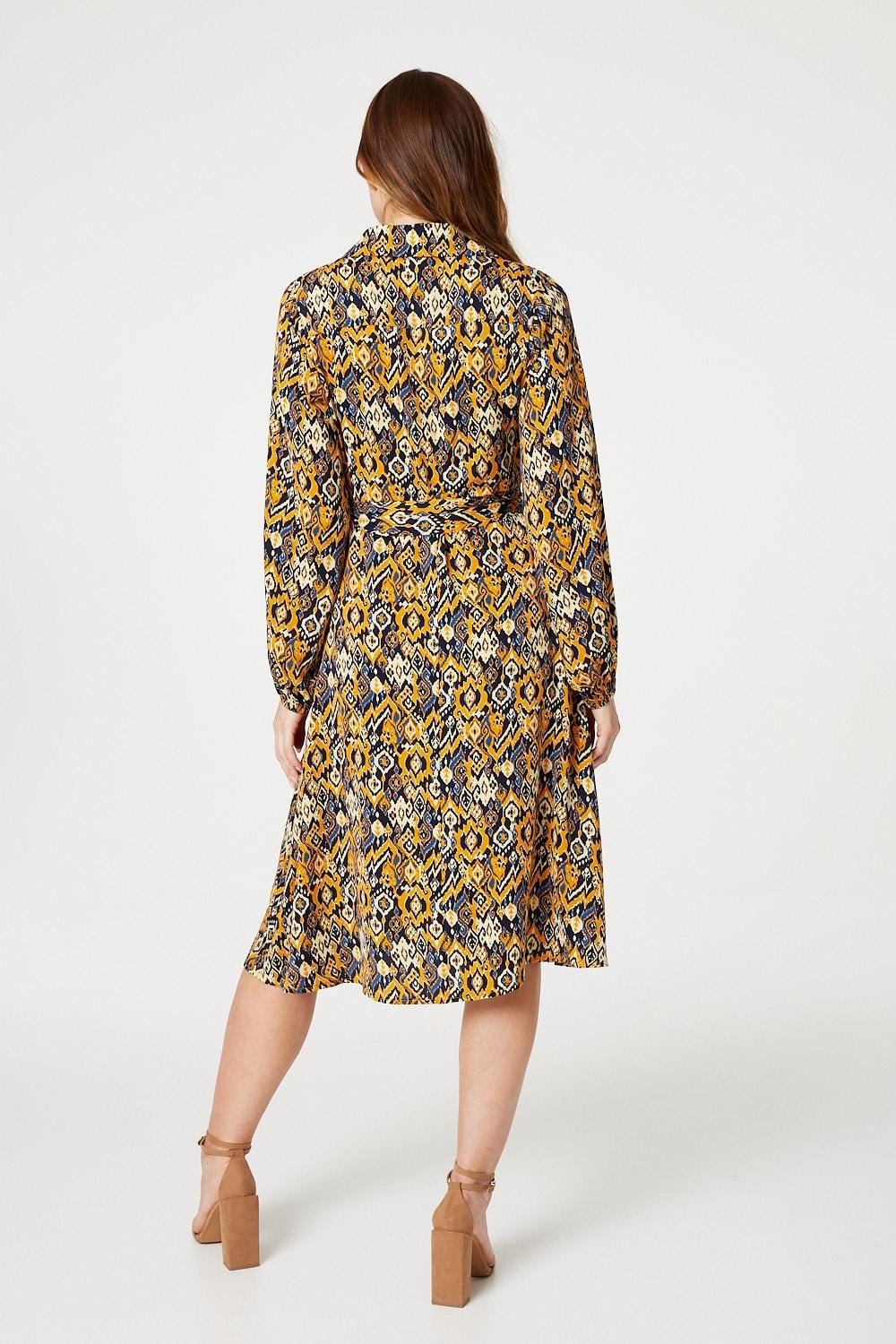 Mustard | Ikat Print Midi Shirt Dress