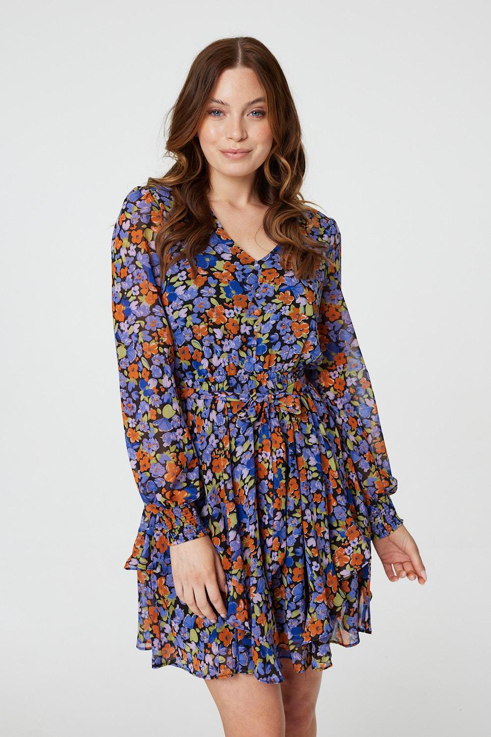 Blue | Floral Layered Hem Short Dress