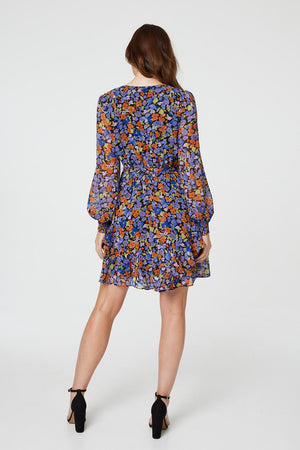 Blue | Floral Layered Hem Short Dress