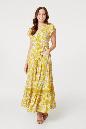 Yellow | Leaf Print Lace Detail Maxi Dress