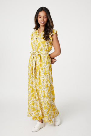 Yellow | Leaf Print Tie Waist Maxi Dress
