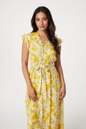 Yellow | Leaf Print Tie Waist Maxi Dress