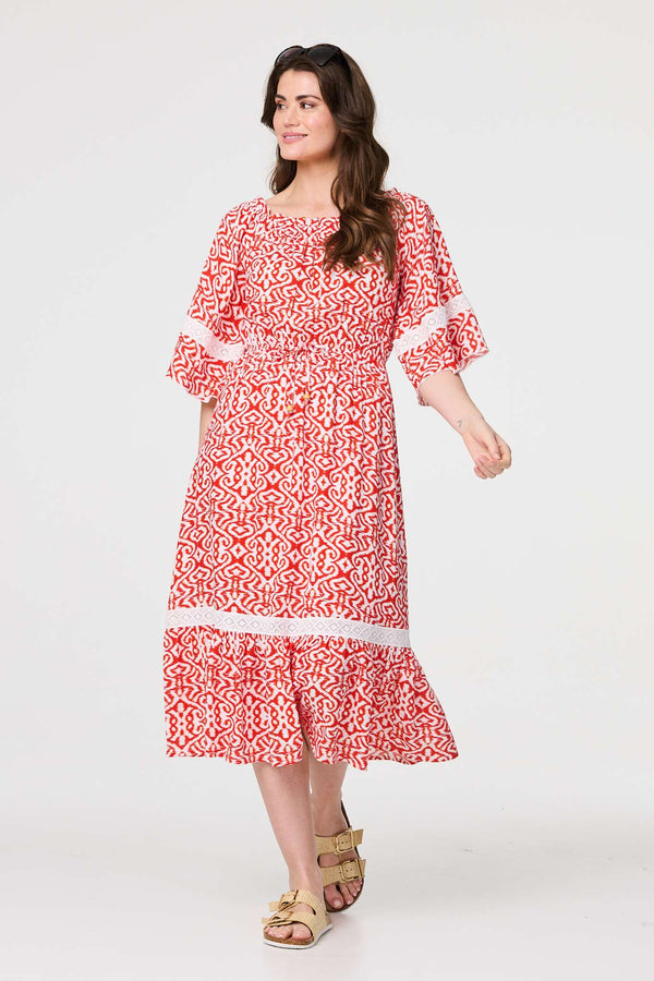 Red | Printed Relaxed Lace Trim Midi Dress
