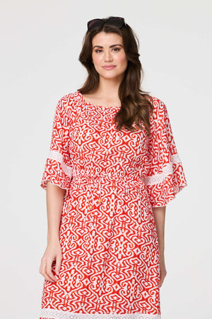 Red | Printed Relaxed Lace Trim Midi Dress