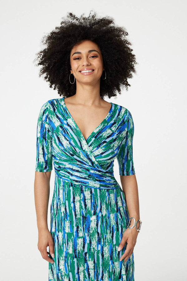 Green | Printed 1/2 Sleeve Faux Wrap Dress