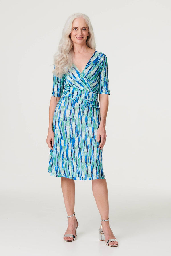 Green | Printed 1/2 Sleeve Faux Wrap Dress