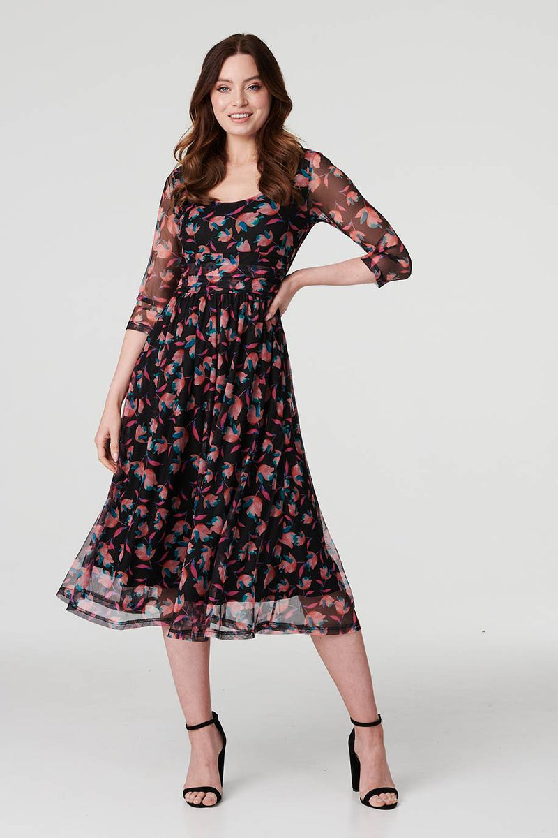 Floral Semi Sheer Ruched Midi Dress | Izabel London Floral Semi Sheer Ruched Midi Dress | Izabel London