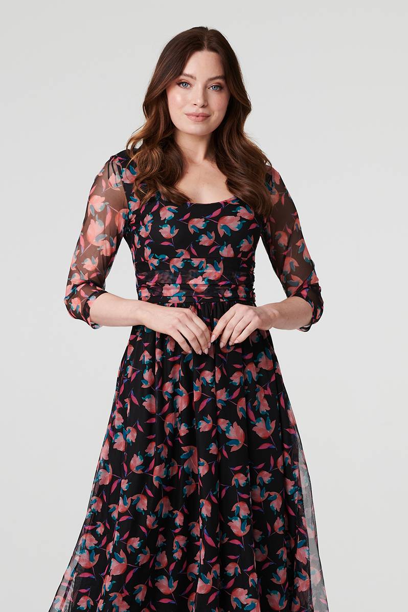 Floral Semi Sheer Ruched Midi Dress | Izabel London Floral Semi Sheer Ruched Midi Dress | Izabel London