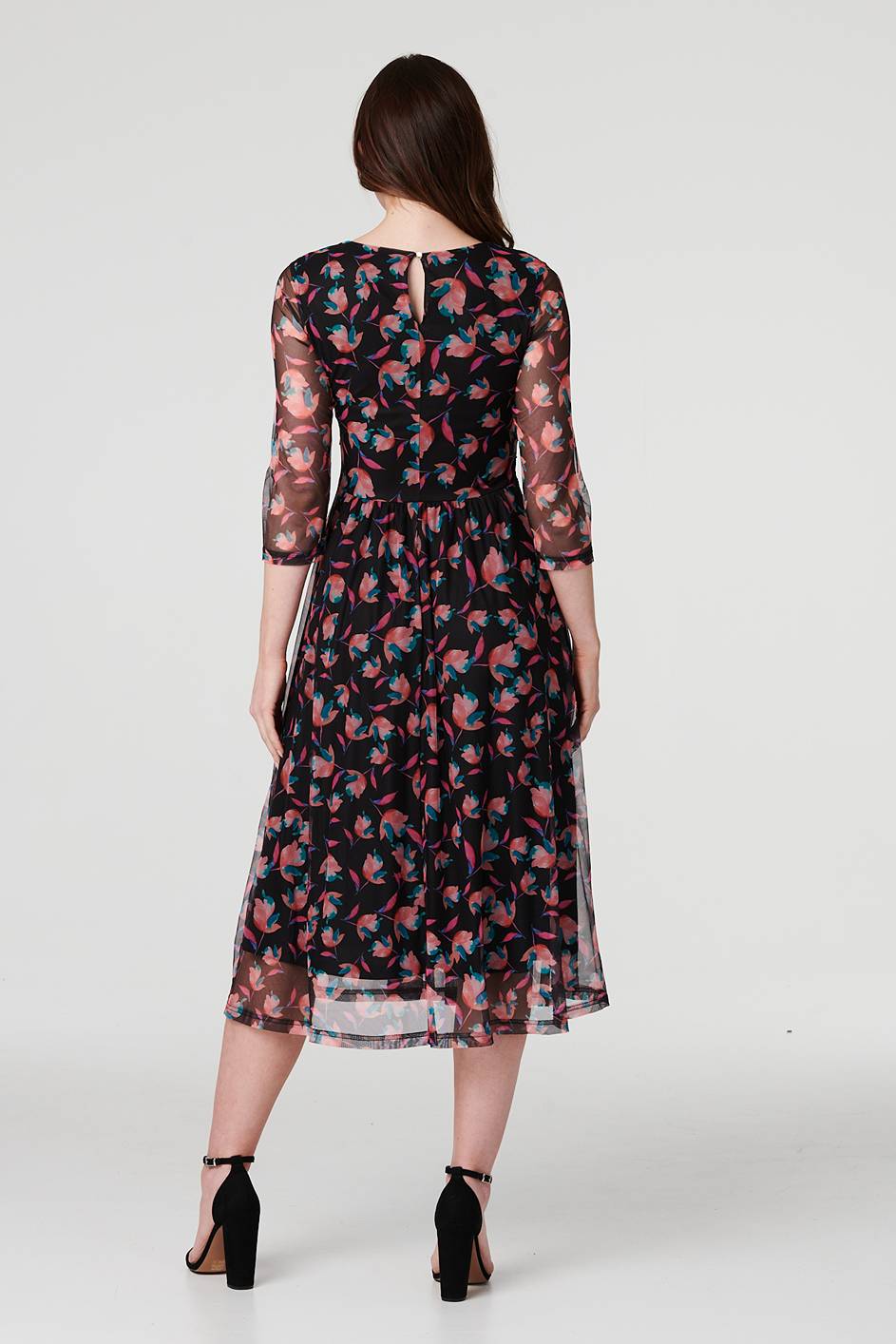 Black | Floral Semi Sheer Ruched Midi Dress