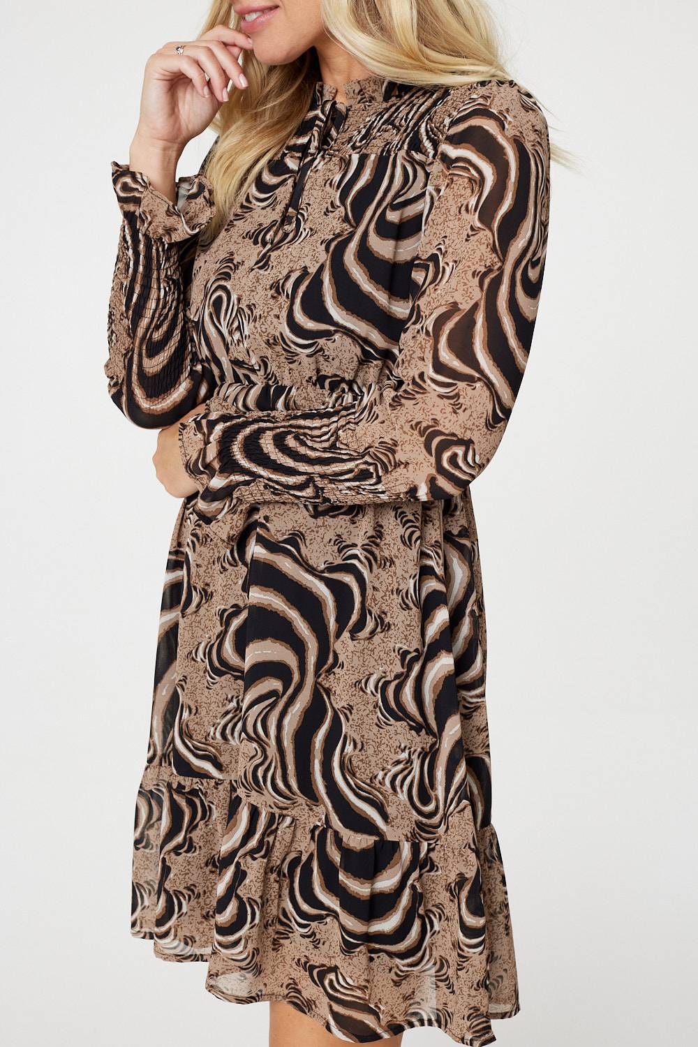 Beige | Printed Frill Neck Short Dress