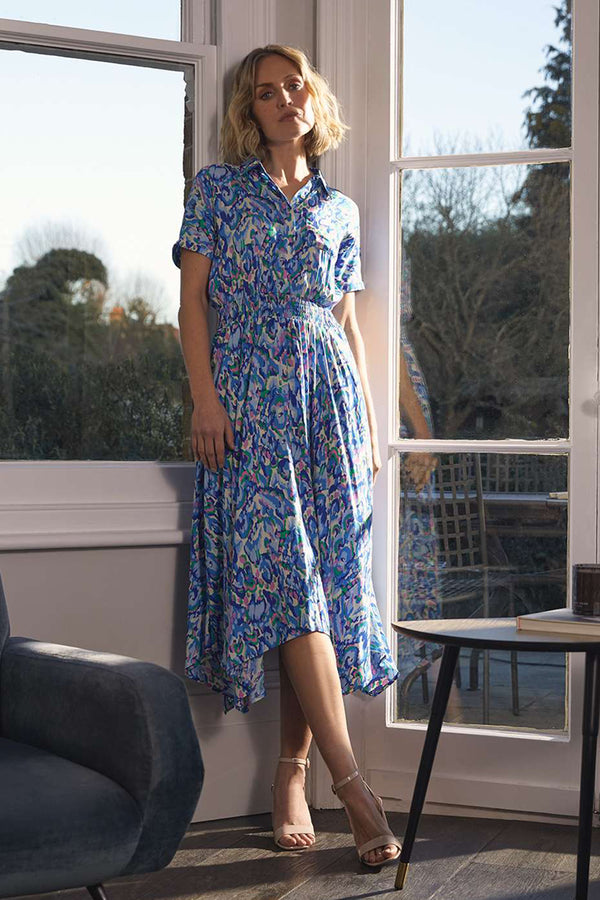 Blue | Printed Asymmetric Midi Dress : Model is 5'9"/175 cm and wears UK8/EU36/US4/AUS8