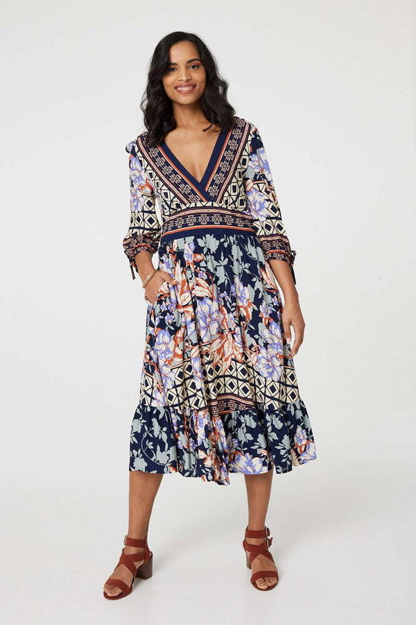 Navy | Floral Border Print V-Neck Midi Dress : Model is 5'7"/170 cm and wears UK8/EU36/US4/AUS8