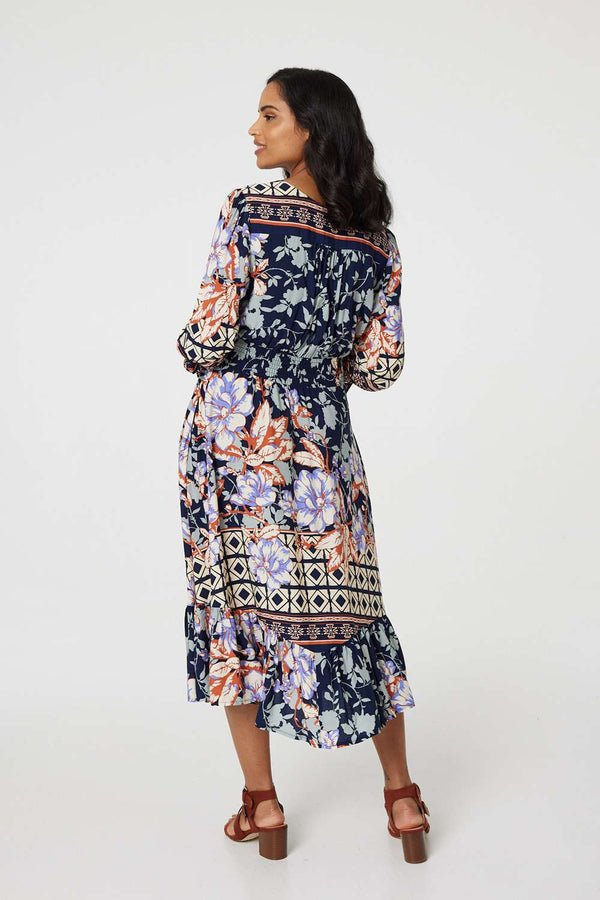 Navy | Floral Border Print V-Neck Midi Dress