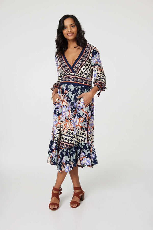 Navy | Floral Border Print V-Neck Midi Dress