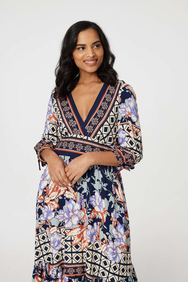 Navy | Floral Border Print V-Neck Midi Dress