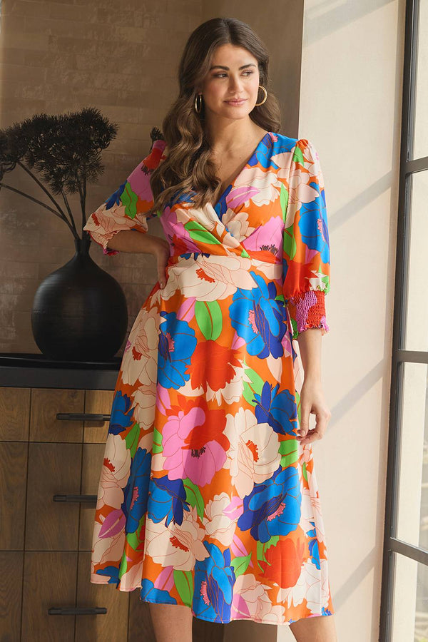 Red | Floral 3/4 Sleeve Midi Dress