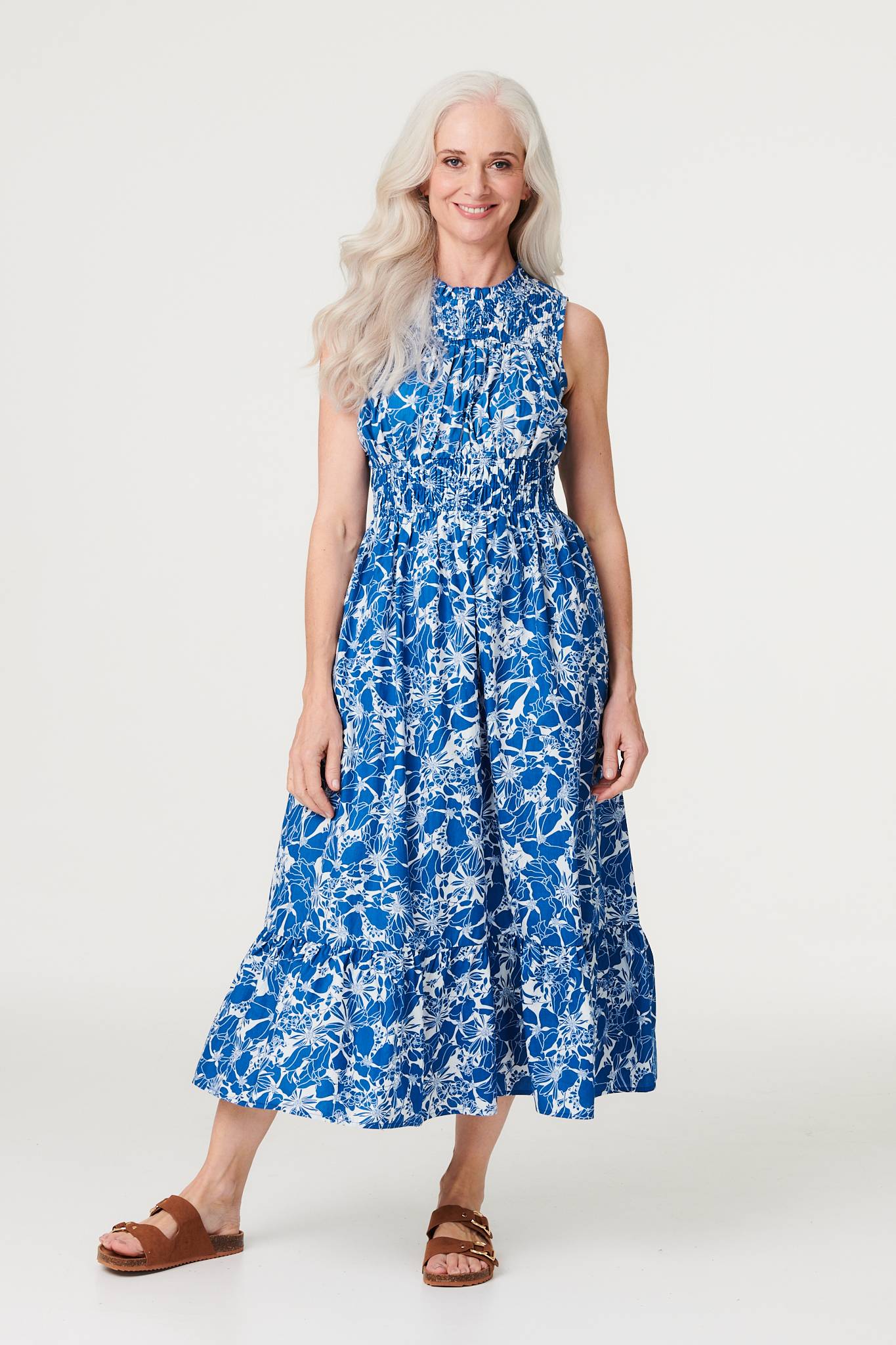 Navy | Floral High Neck Shirred Midi Dress