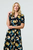 Black | Floral Short Sleeve Faux Wrap Midi Dress
