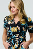 Black | Floral Short Sleeve Faux Wrap Midi Dress
