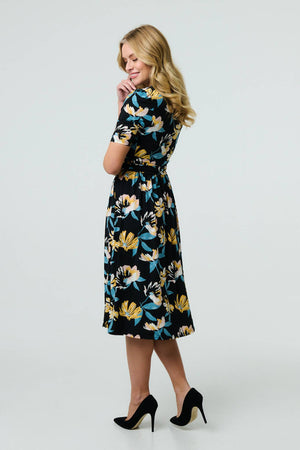 Black | Floral Short Sleeve Faux Wrap Midi Dress
