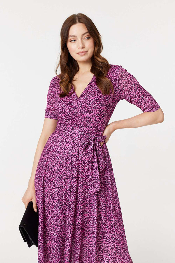 Pink | Animal Print Tie Waist Midi Dress