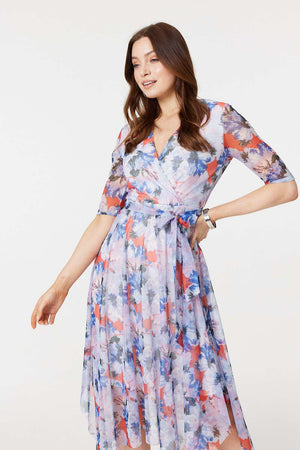 Blue | Floral Semi Sheer Layered Midi Dress