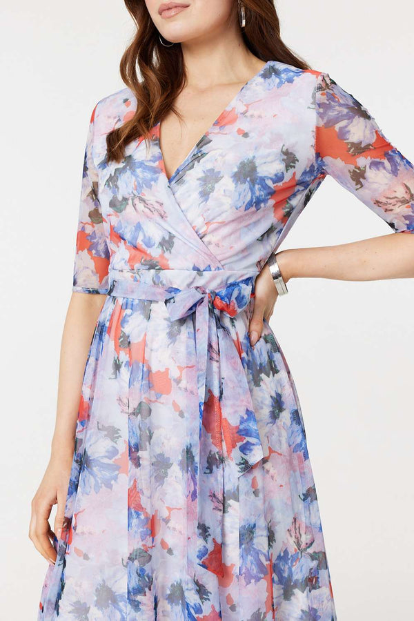 Blue | Floral Semi Sheer Layered Midi Dress