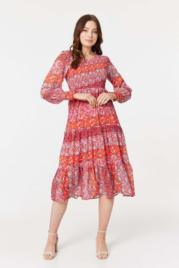 Red | Floral Long Puff Sleeve Smock Dress