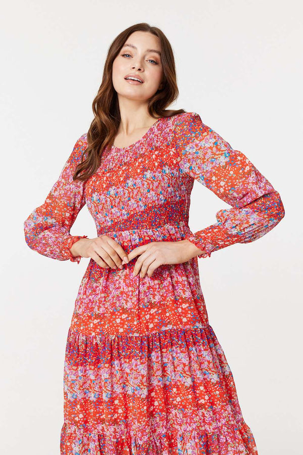 Red | Floral Long Puff Sleeve Smock Dress