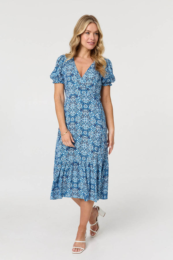Blue | Printed Short Puff Sleeve Tie Midi Dress