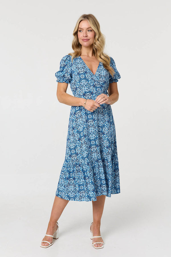 Blue | Printed Short Puff Sleeve Tie Midi Dress