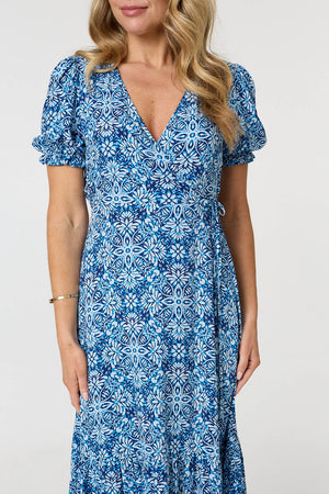Blue | Printed Short Puff Sleeve Tie Midi Dress